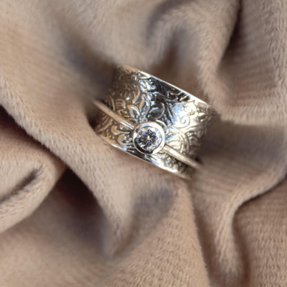 925Sterling Silver Moissanite Spinner Ring, Meditation Ring for Men and Women, Fidget Spinner Ring Silver, Designer Thumb Ring, Anxiety Ring