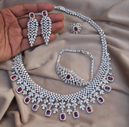 Luxurious Bridal Jewelry Set, Cubic Zirconia with Synthetic Ruby Jewelry, 925 Sterling Silver Necklace With Earrings, Ring, Bracelet Set