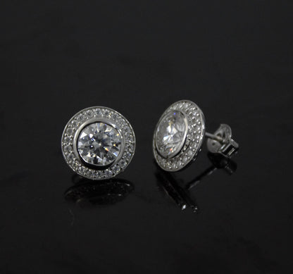 Silver Moissanite Stud Earrings for Her, Solitaire Halo Stud Earrings, Round Stone Earrings, Round Cut Earrings, 925 Sterling Silver Studs