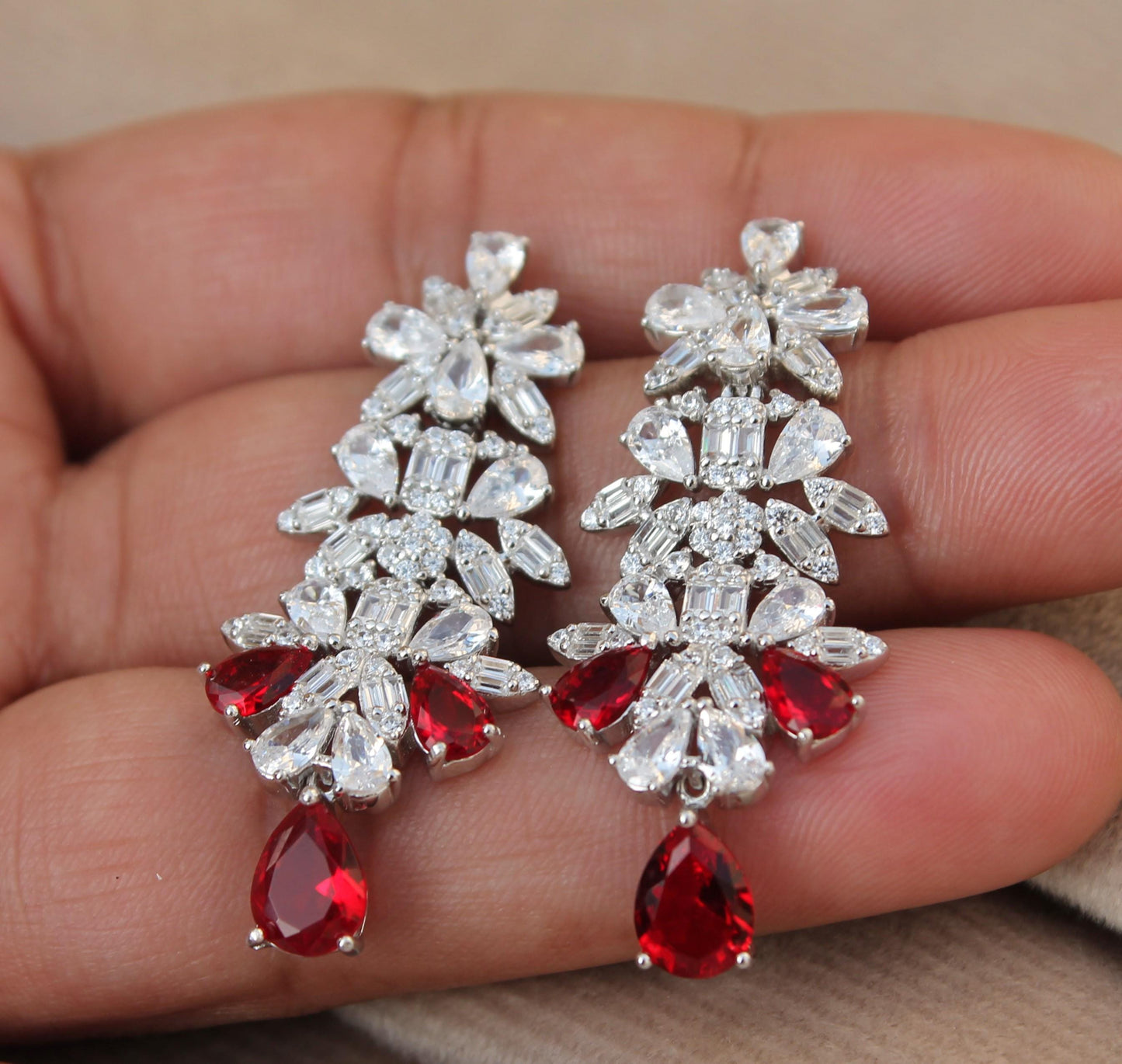 Silver CZ Jewelry Set, Designer Wedding Jewelry For Bride, 925 Sterling Silver Necklace-Earrings-Bracelet-Ring Set Gift For Valentines Day