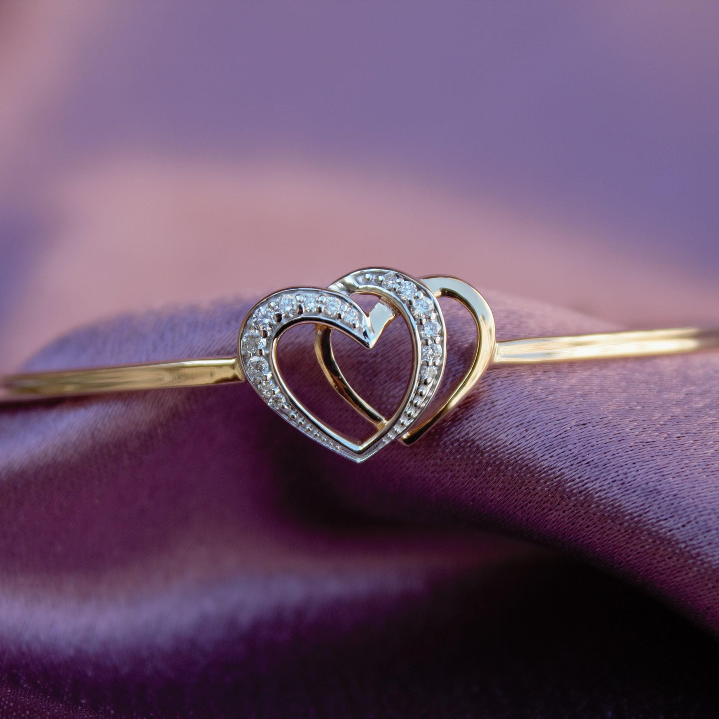 Heart Shape Natural Diamond Gold Bracelet, 14K Solid Gold Adjustable Bracelet, 0.14 Carat Natural Diamond Gold Cuff Bracelet For Girlfriend