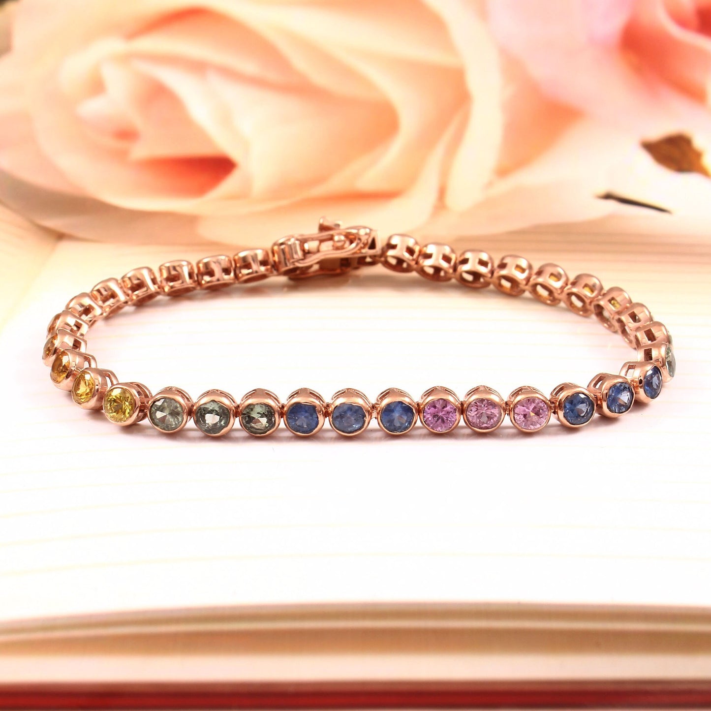 Multi Sapphire Bracelet, Natural Rainbow Sapphire Ombre Bracelet, Gold Minimalist Bezel Setting Bracelet, Tennis Bracelet, Birthday Gift