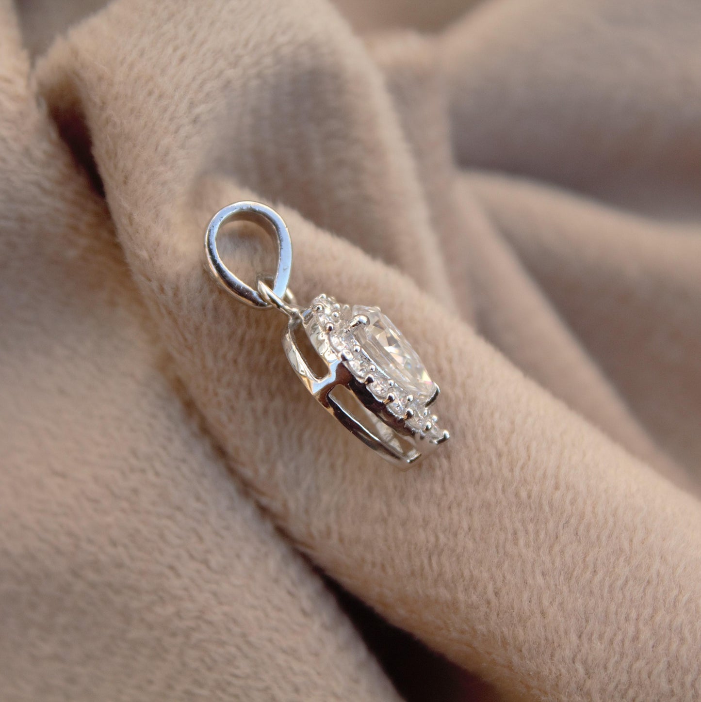 Solitaire Halo Pendant in 925 Sterling Silver, Pear Cut Moissanite Charm Pendant, Dainty Silver Pendant for Chain, Minimalist Jewelry Gift