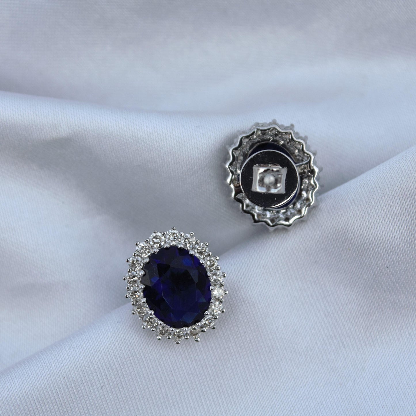 Oval Blue Sapphire with Natural Diamond Jewelry Set, Solitaire Halo Pendant with Stud Earrings, 18k White Gold Jewelry Set Gift for Women