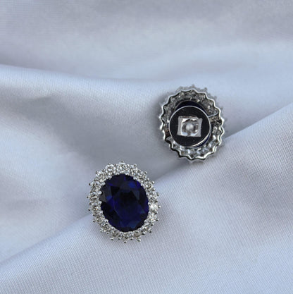 Oval Blue Sapphire with Natural Diamond Jewelry Set, Solitaire Halo Pendant with Stud Earrings, 18k White Gold Jewelry Set Gift for Women