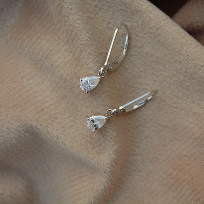 Sterling Silver Moissanite Stone Lever Back Earrings, 925 Silver Drop Earrings for Her, Pear Cut Stone Earrings, Handmade Vintage Earrings
