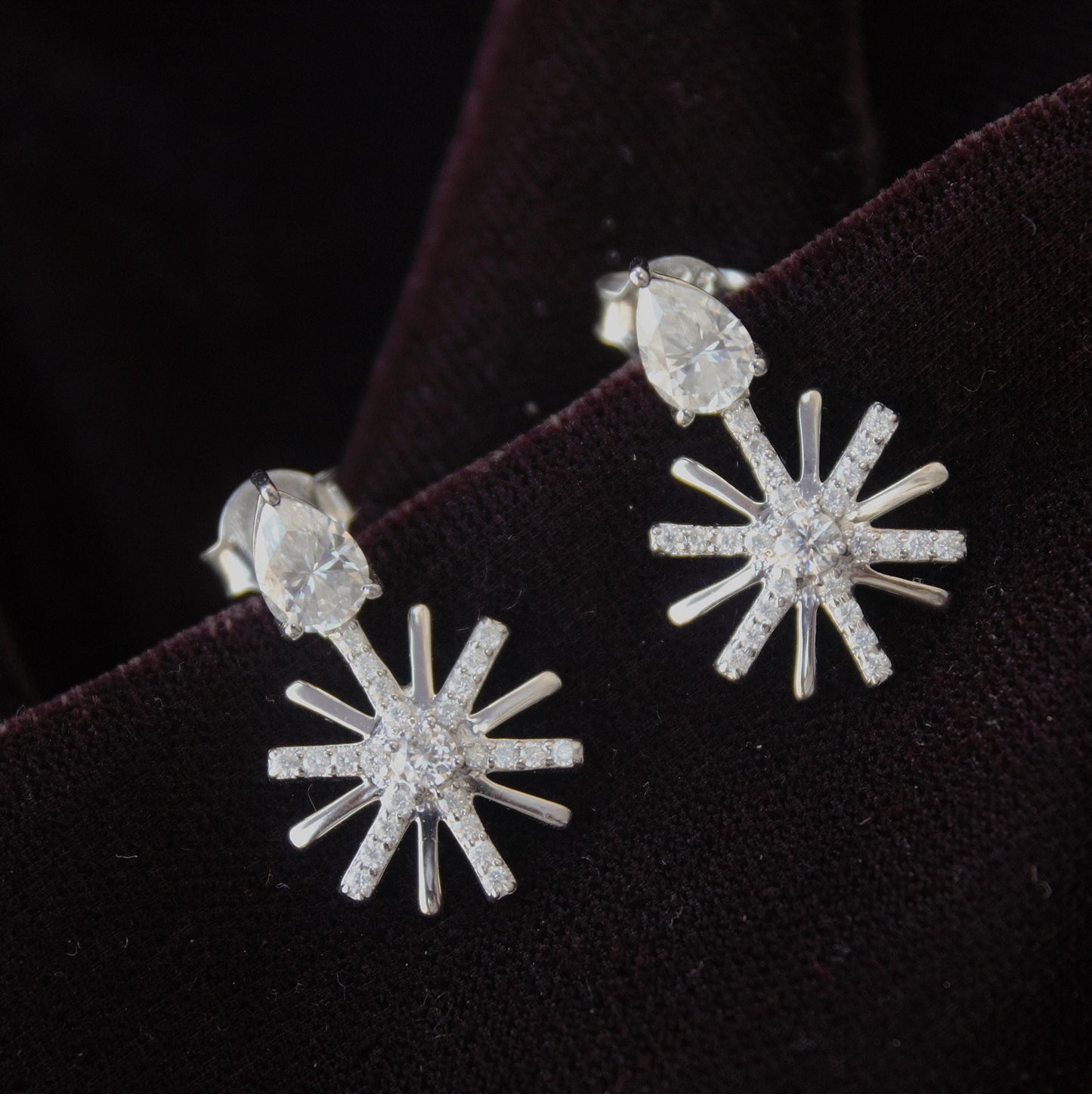 Moissanite Cluster Flower Stud Dangle Earrings, Designer Party Wear Earrings, Floral Shape Earrings for Women, Vintage Earrings in Silver