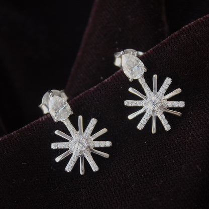 Moissanite Cluster Flower Stud Dangle Earrings, Designer Party Wear Earrings, Floral Shape Earrings for Women, Vintage Earrings in Silver