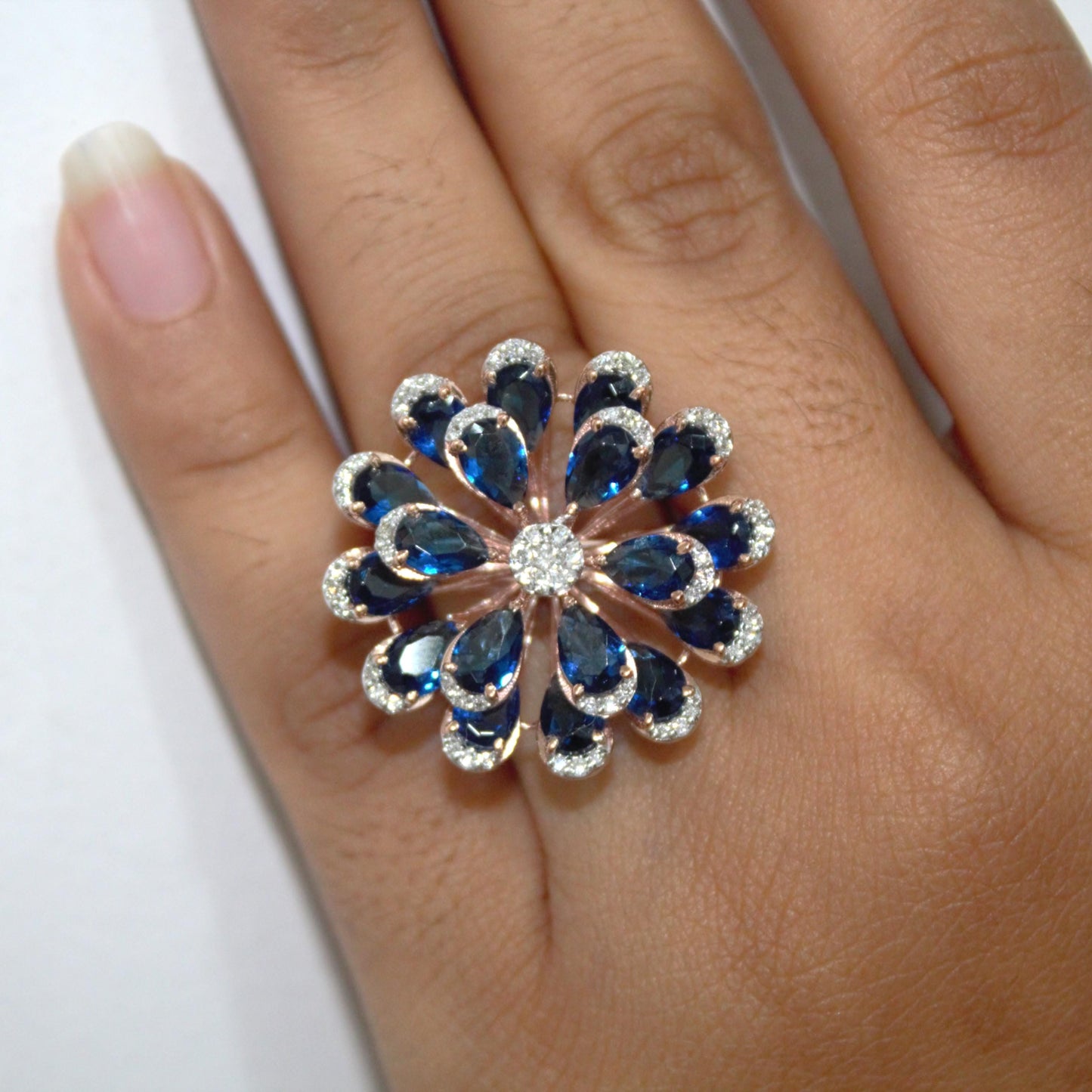 Blue Sapphire & Diamond Flower Ring, Handmade Solid Gold Solitaire Jewelry, Victorian Style Elegant Designer Floral Jewelry for Engagement