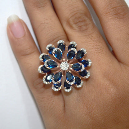 Blue Sapphire & Diamond Flower Ring, Handmade Solid Gold Solitaire Jewelry, Victorian Style Elegant Designer Floral Jewelry for Engagement