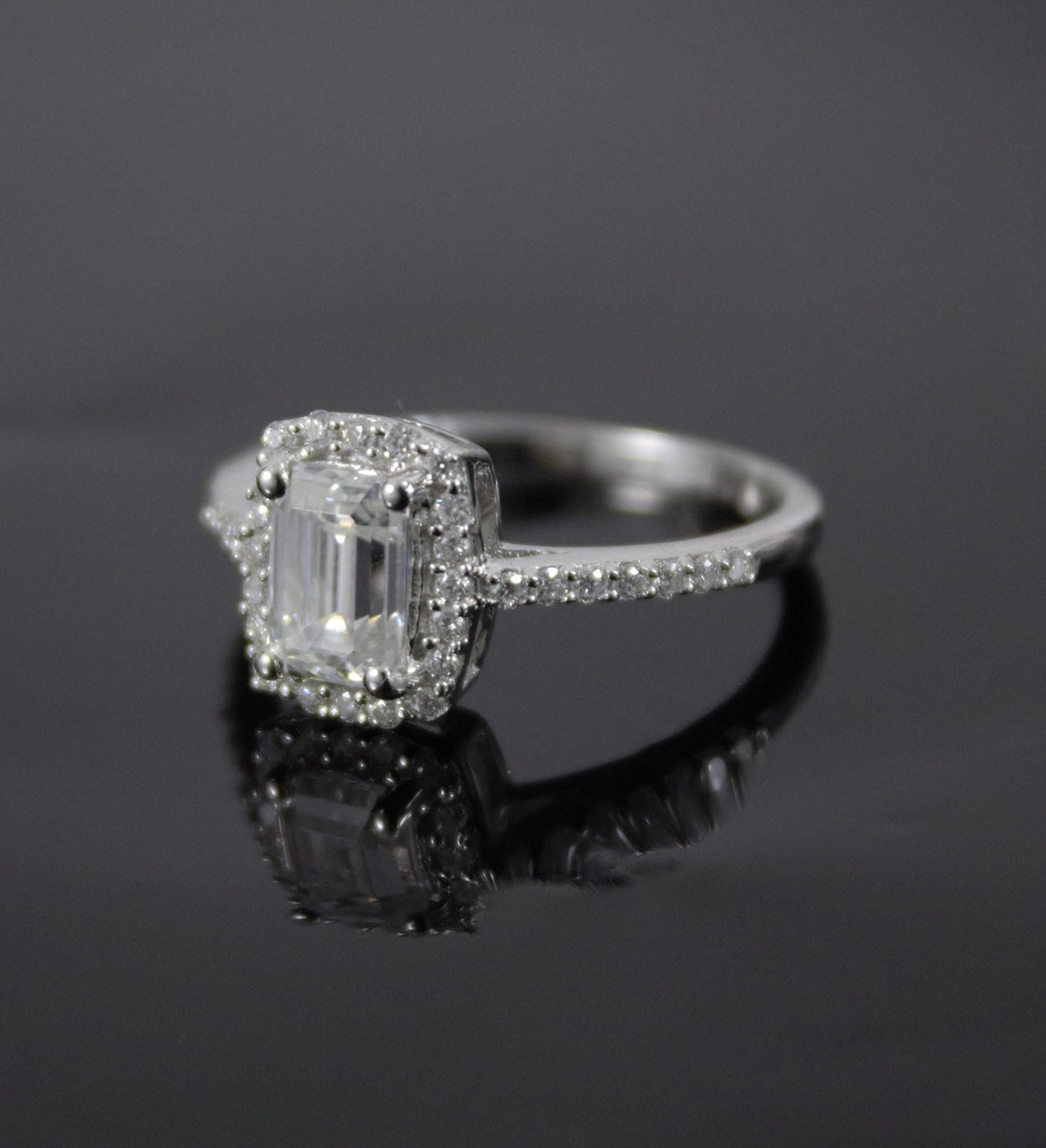 Emerald Cut and Round Cut Stone Wedding Ring, Silver Moissanite Ring, 925Sterling Silver Ring for Women, Statement Bridal Moissanite Jewelry