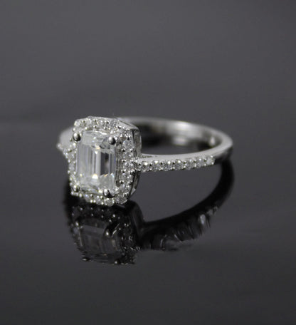 Emerald Cut and Round Cut Stone Wedding Ring, Silver Moissanite Ring, 925Sterling Silver Ring for Women, Statement Bridal Moissanite Jewelry