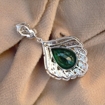 Green Emerald Inclusion with Moissanite Pendant, Statement Halo Pendant, Pear Shape 925 Sterling Silver Pendant for Special Occasion