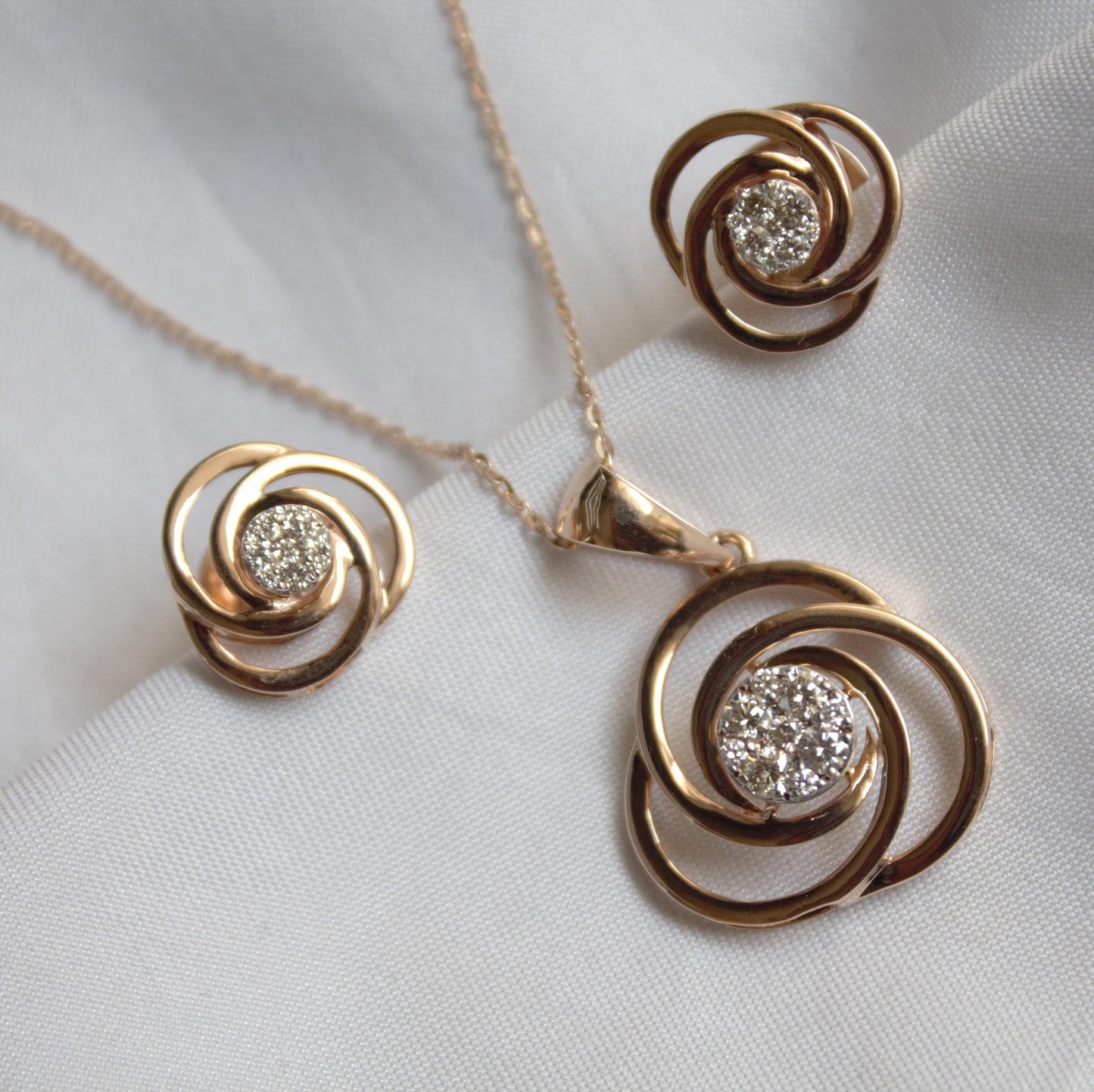 Real Diamond Solitaire Necklace Set, Round Cut Pendant with Stud Earrings,18k Rose Gold Charm Pendant, Tiny Stud Earrings, Gift for Daughter