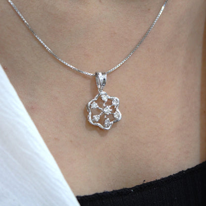 Floral Shape Solitaire Diamond Necklace Earrings Set,18k White Gold Real Diamond Jewelry Set, Chain Pendant with Stud Earrings, Gift for Her