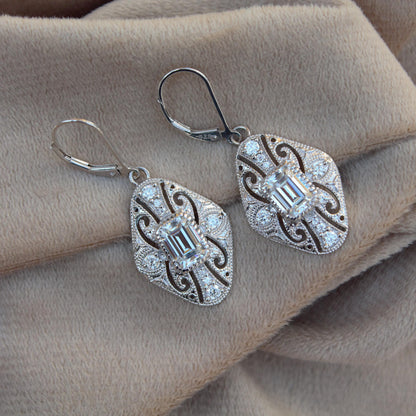 Vintage Style Moissanite Dangle Earrings, 925 Sterling Silver Art Deco Earrings, Antique Filigree Design Earrings, Emerald Cut Earrings
