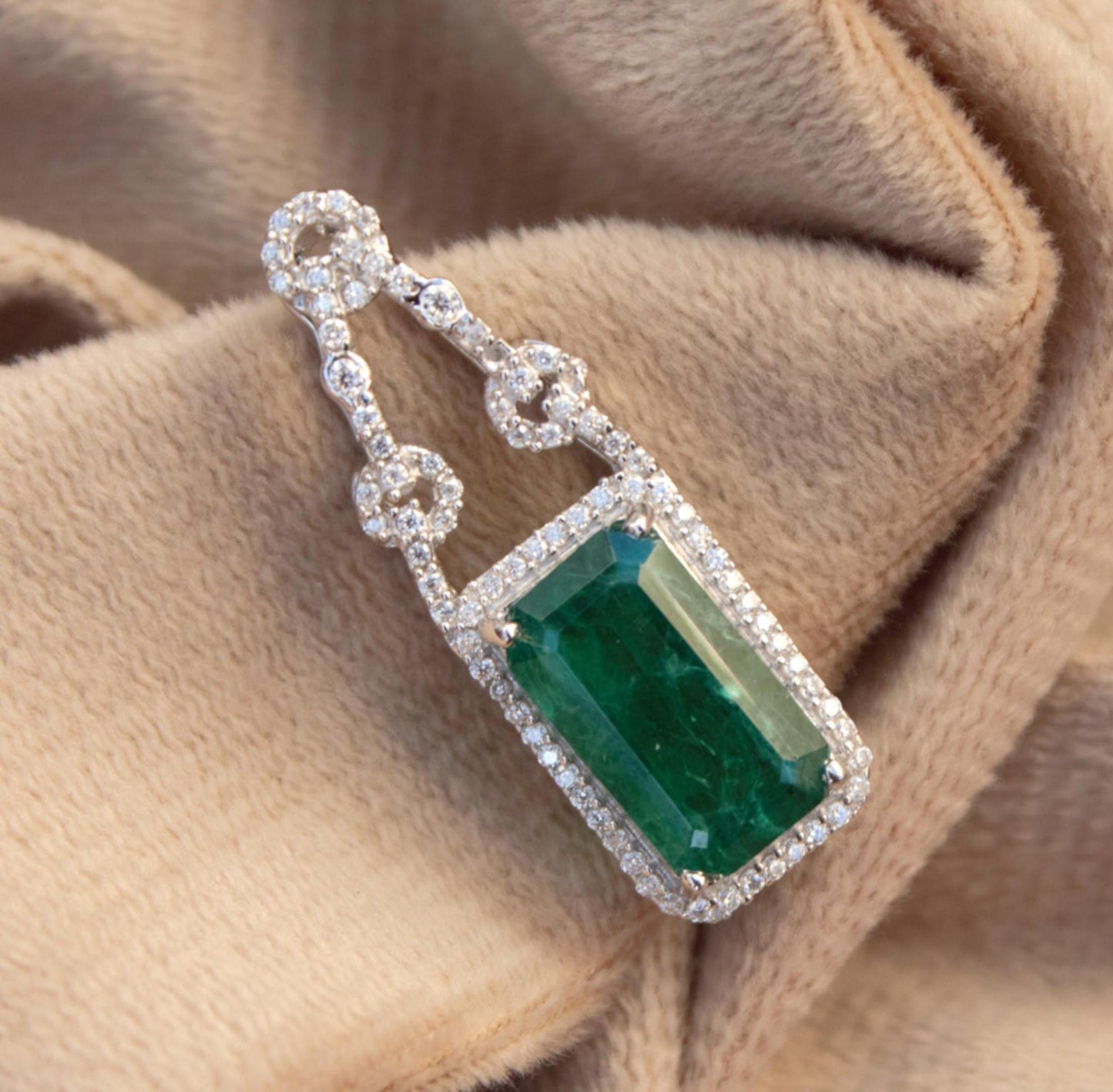 Moissanite & Green Inclusions Emerald Silver Pendant, Statement Pendant For Anniversary Gift, 925 Sterling Silver Emerald Cut Pendant