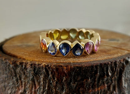 Natural Multi Sapphire Pear Band, Pear Bezel Setting Stones, Ombre Gradient Sapphire Ring, Pear Full Eternity Band Ring, Custom Order