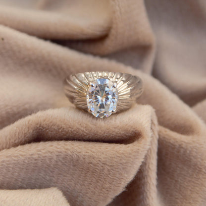 925 Sterling Silver Dome Ring with Moissanite, Oval Cut White Stone Ring, Bohemian Ethnic Ring for Men and Women, Vintage Timeless Jewelry