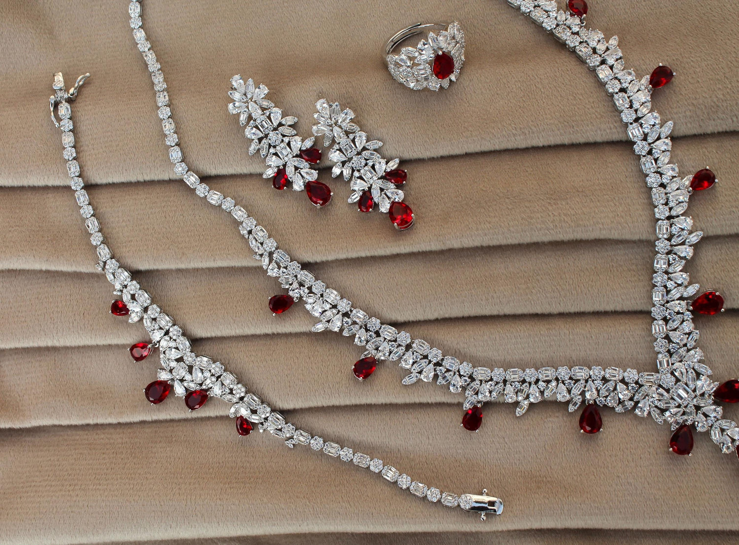 Silver CZ Jewelry Set, Designer Wedding Jewelry For Bride, 925 Sterling Silver Necklace-Earrings-Bracelet-Ring Set Gift For Valentines Day