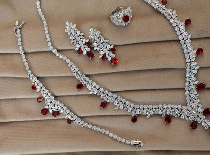 Silver CZ Jewelry Set, Designer Wedding Jewelry For Bride, 925 Sterling Silver Necklace-Earrings-Bracelet-Ring Set Gift For Valentines Day