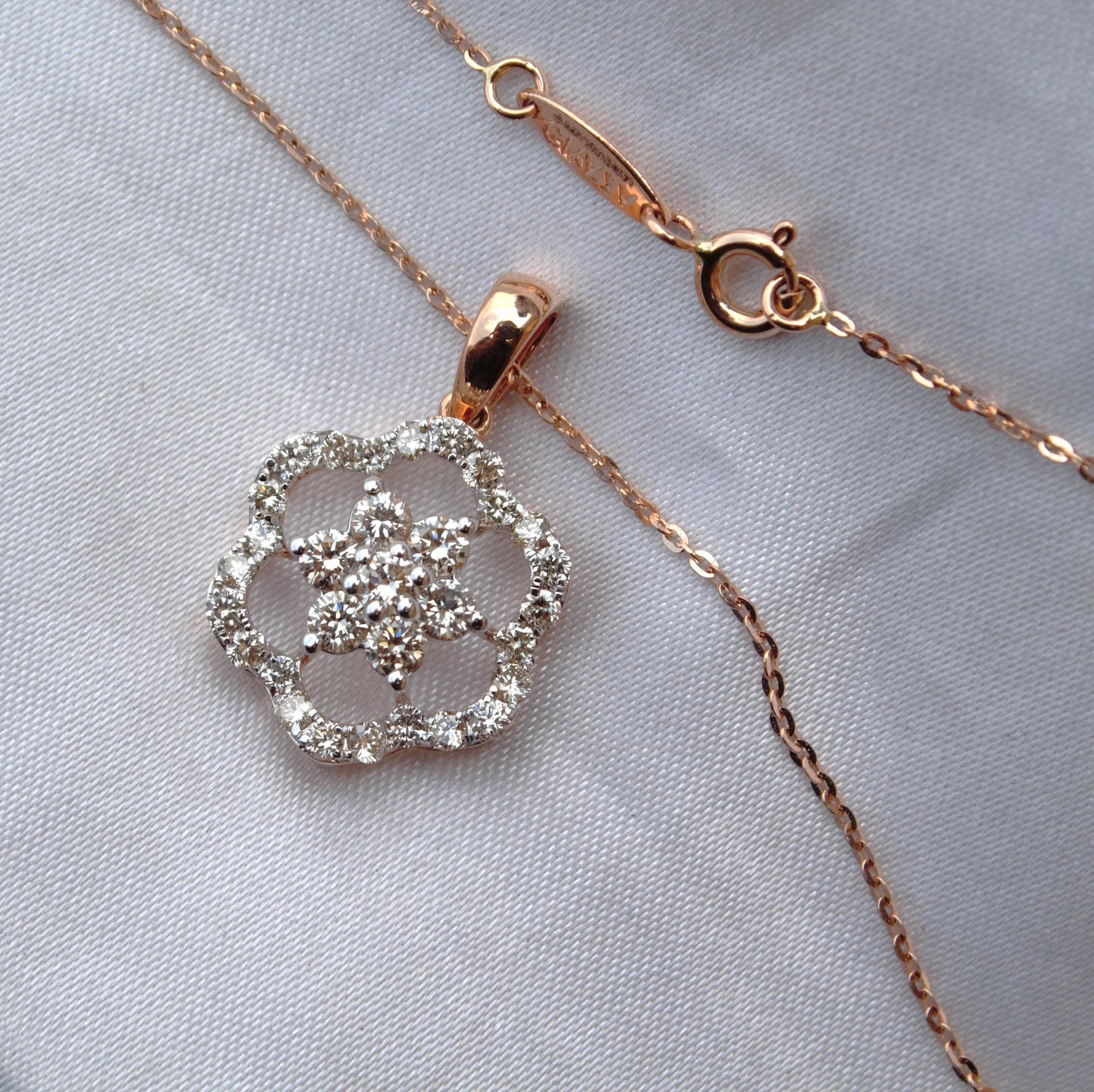 Floral Shape Gold Diamond Jewelry Set, 18k Rose Gold Chain Pendant with Stud Earrings, Real Diamond Bridal Jewelry Set for Wedding Gift