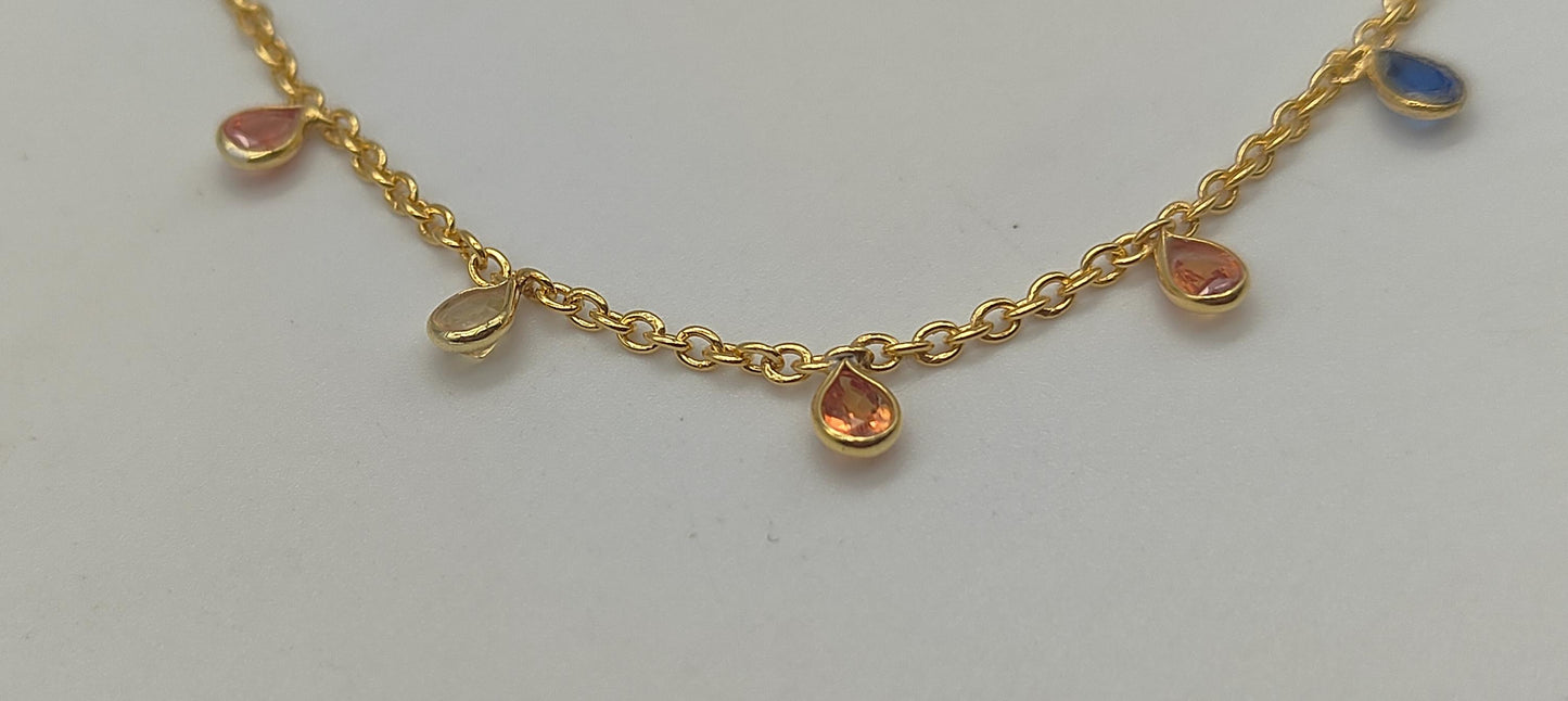 Multi Sapphire Charm Necklace, Rainbow Sapphire Jewelry, 925 Sterling Silver Necklace, Handmade Necklace for Bride, Minimalist Necklace