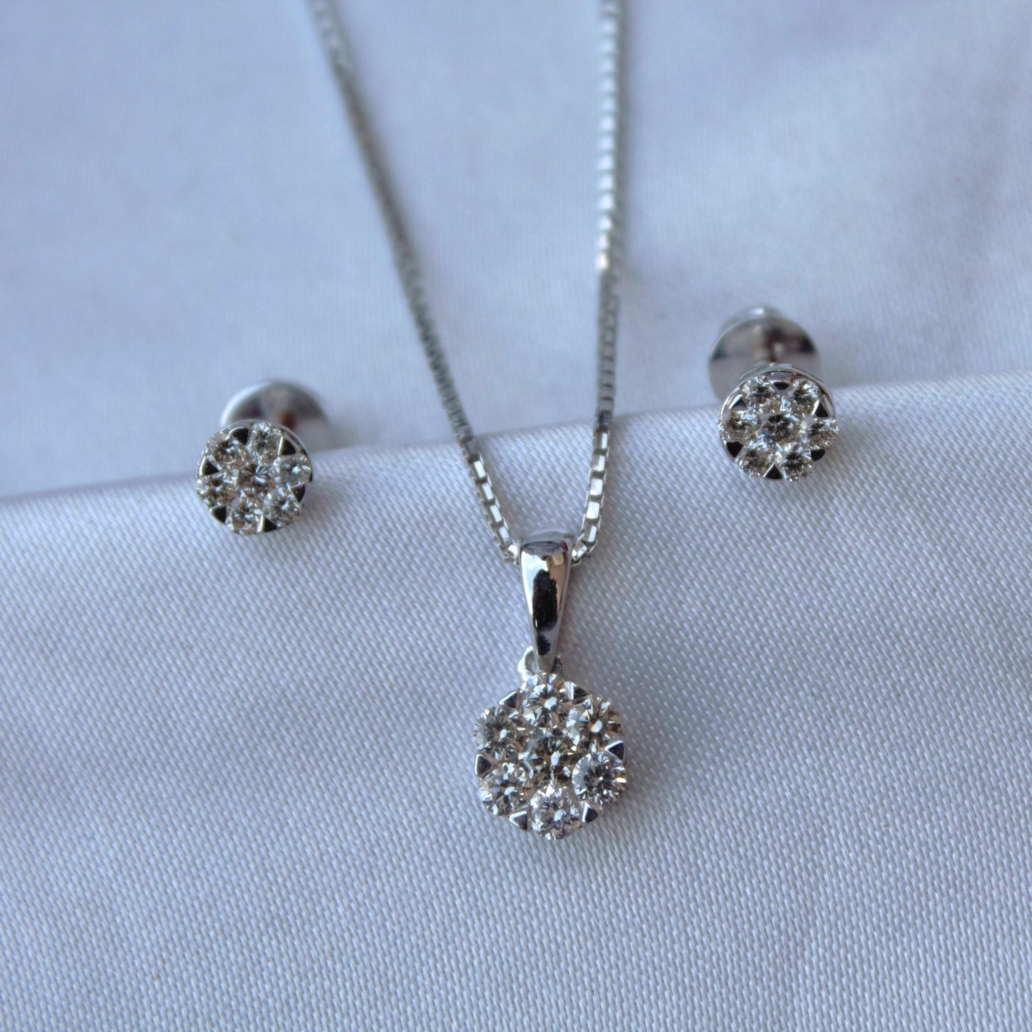 Solid 18K White Gold Diamond Jewelry, Solitaire Tiny Pendant Earring Set, Gold Chain Necklace Set, Perfect Graduation Gift for Daughter