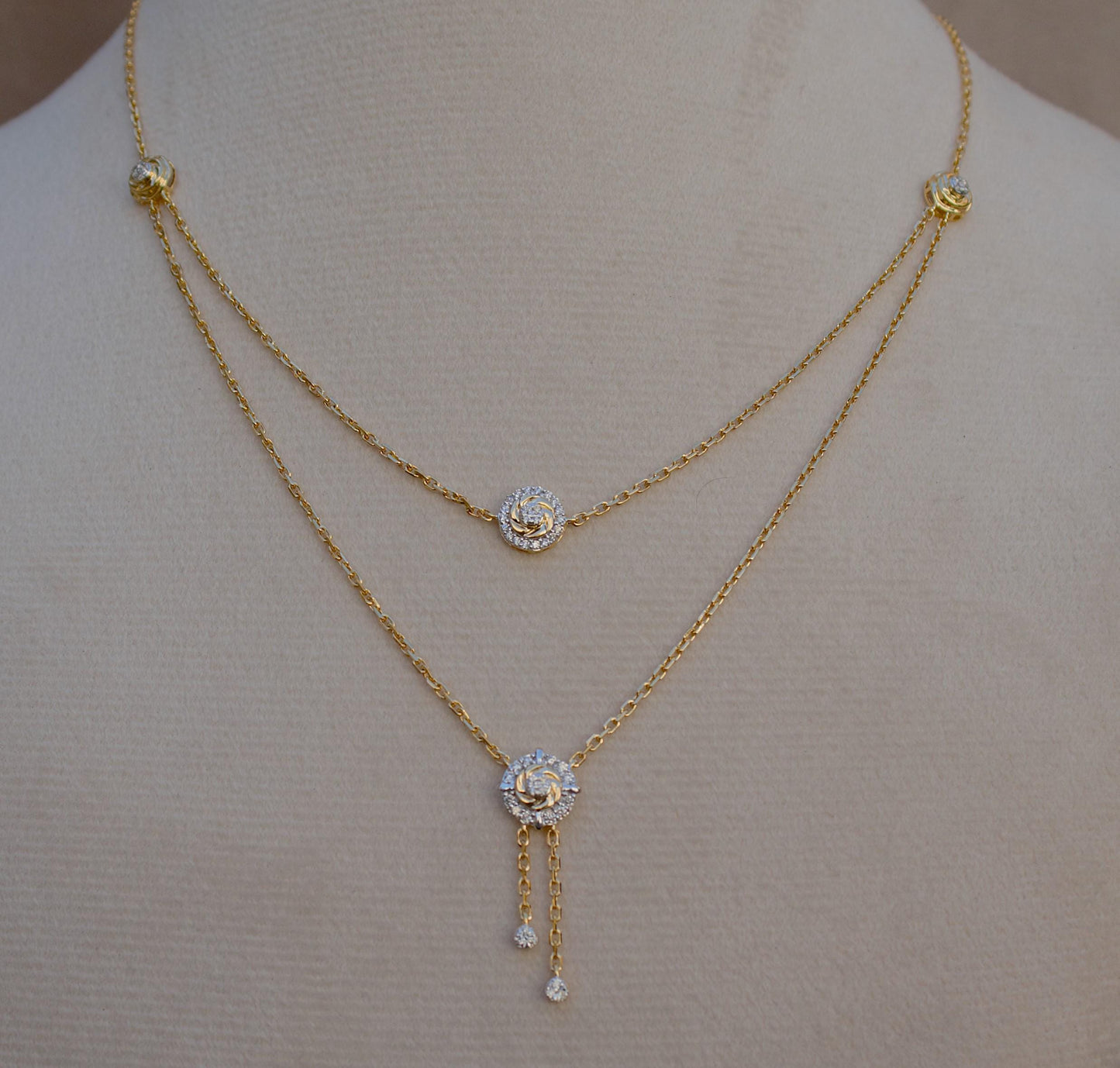 14k Solid Yellow Gold Double Layered Necklace, IGI Certified Gold Diamond Layering Necklace, 16 Inch Timeless Gold Necklace,Delicate Jewelry