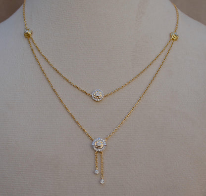 14k Solid Yellow Gold Double Layered Necklace, IGI Certified Gold Diamond Layering Necklace, 16 Inch Timeless Gold Necklace,Delicate Jewelry
