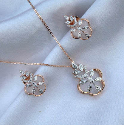 18k Solid Rose Gold Necklace Set, Real Diamond Jewelry Set for Her, Diamond Necklace with Stud Earrings, IGI Certified Jewelry Birthday Gift
