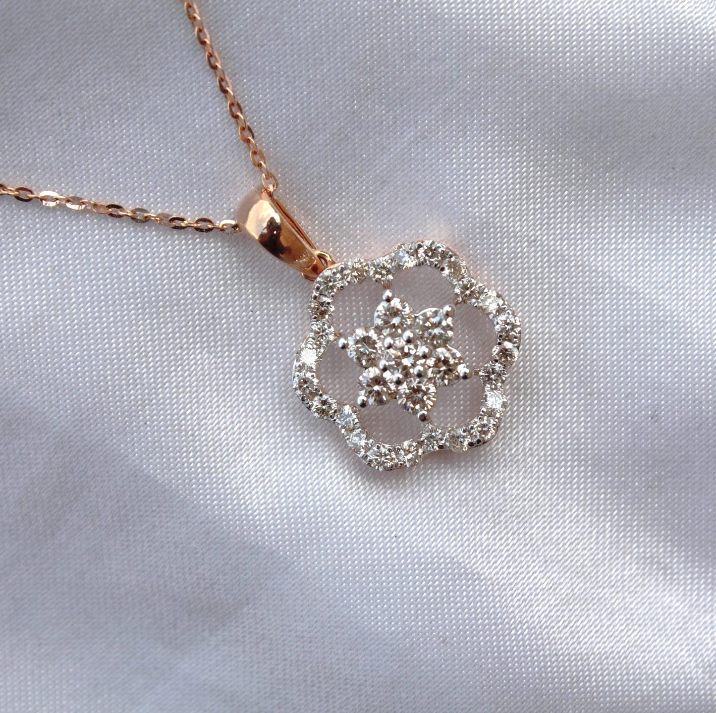 Floral Shape Gold Diamond Jewelry Set, 18k Rose Gold Chain Pendant with Stud Earrings, Real Diamond Bridal Jewelry Set for Wedding Gift