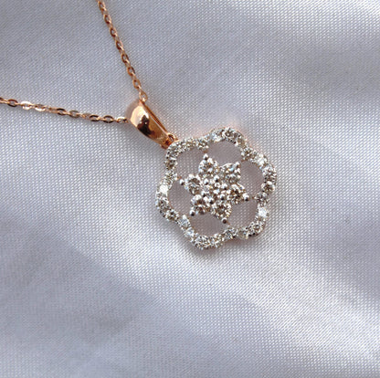 Floral Shape Gold Diamond Jewelry Set, 18k Rose Gold Chain Pendant with Stud Earrings, Real Diamond Bridal Jewelry Set for Wedding Gift