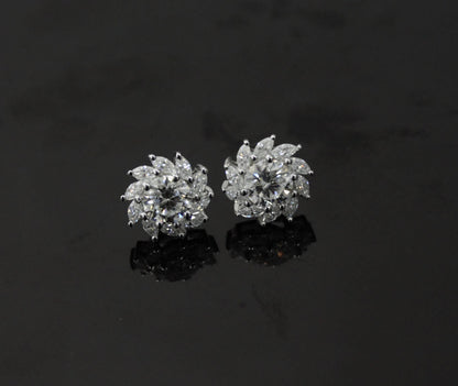 Moissanite Stud Earrings in 925 Sterling Silver, Marquise and Round Cut Stone Earrings, Floral Shape Earrings for Bride, White Stone Studs