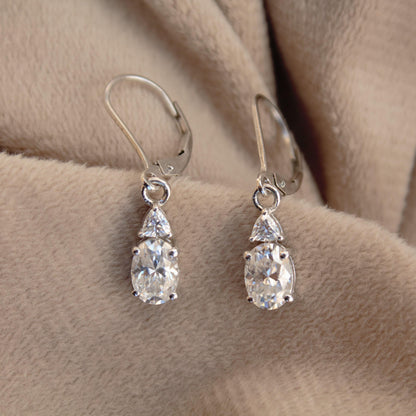 Oval and Trillion Cut Moissanite Earrings, 925 Sterling Silver Lever Back Earrings, Vintage Style Minimalist Earrings, White Stone Earrings