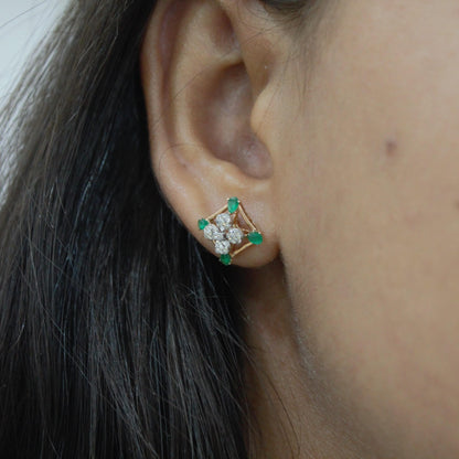 18K Gold Diamond Stud Earrings and Necklace, Charm Handmade Bridal Jewelry Set, Green Emerald Jewelry, Minimalist Wedding Gift for Women