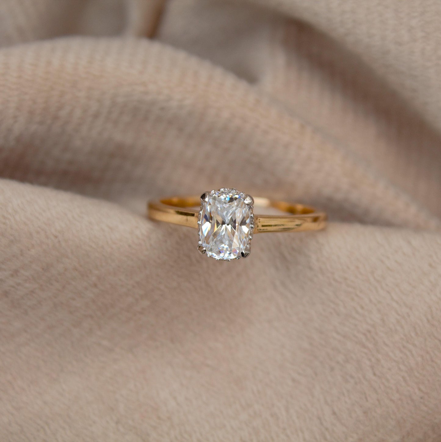 Long Cushion Cut With Melee Round Moissanite Ring, 14K Solid Yellow Gold Moissanite Ring, 7 US Gold Ring For Women, Perfect Anniversary Gift