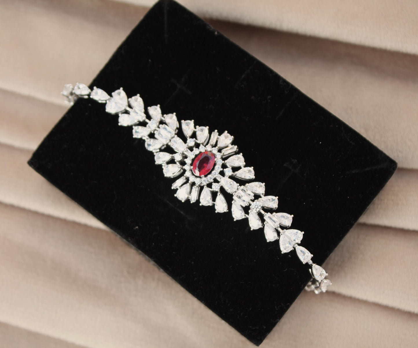 Cubic Zirconia Silver Wedding Jewelry Set, CZ with Synthetic Ruby Necklace Set, 925 Sterling Silver Victorian Necklace-Earring-Ring-Bracelet