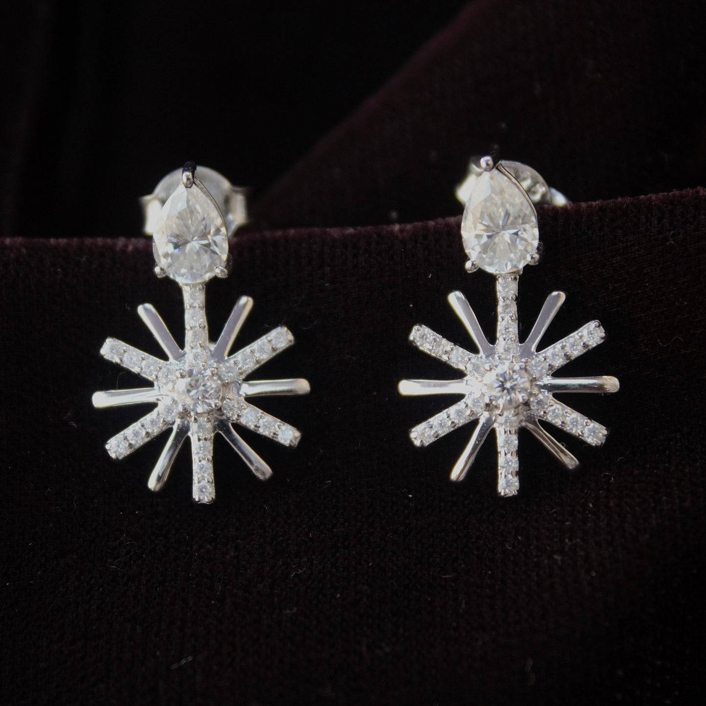 Moissanite Cluster Flower Stud Dangle Earrings, Designer Party Wear Earrings, Floral Shape Earrings for Women, Vintage Earrings in Silver