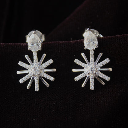 Moissanite Cluster Flower Stud Dangle Earrings, Designer Party Wear Earrings, Floral Shape Earrings for Women, Vintage Earrings in Silver