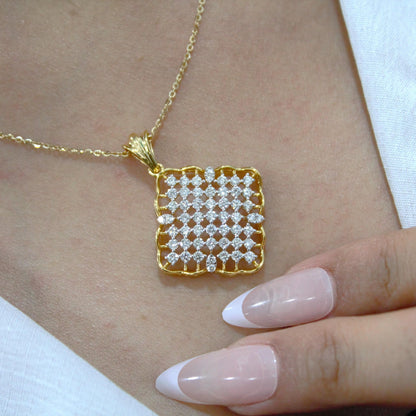 Cluster Diamond Gold Jewelry Set, 18K Yellow Gold Pendant with Earrings Set, Statement Real Diamond Jewelry, Wedding Gift for Bridesmaids