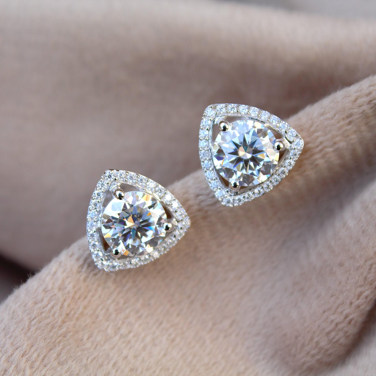 Silver Stud Moissanite Earrings for Her, Solitaire Halo Stud Earrings, Trillion Shape Earrings, Round Cut Earrings, 925 Sterling Silver Stud