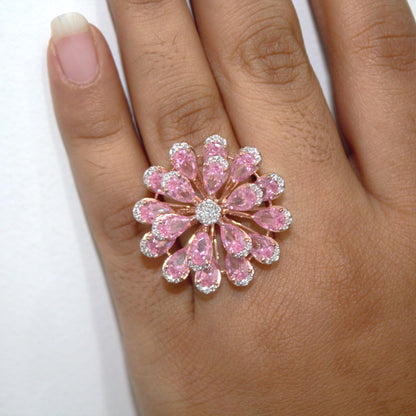 Pink Sapphire & Natural Diamond Flower Ring, Solid Gold Statement Jewelry, Elegant Natural Diamond Ring, Floral Fine Jewelry Gift for Women