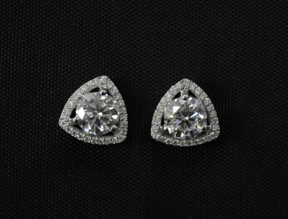 Silver Stud Moissanite Earrings for Her, Solitaire Halo Stud Earrings, Trillion Shape Earrings, Round Cut Earrings, 925 Sterling Silver Stud