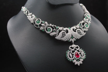 Victorian Style Necklace Earring Set, Peacock Design Bridal Necklace, Beautiful Anniversary Gift For Wife, Rare Indian Designer Jewelry Set