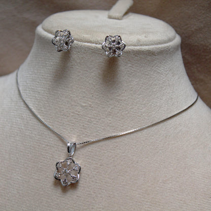 Floral Shape Solitaire Diamond Necklace Earrings Set,18k White Gold Real Diamond Jewelry Set, Chain Pendant with Stud Earrings, Gift for Her