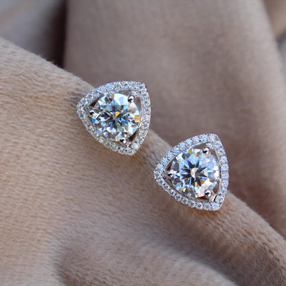 Silver Stud Moissanite Earrings for Her, Solitaire Halo Stud Earrings, Trillion Shape Earrings, Round Cut Earrings, 925 Sterling Silver Stud