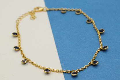 Blue Sapphire Charm Necklace and Bracelet, 925 Sterling Silver Chain Necklace, Bezel Necklace Bracelet Set, Adjustable Chain Necklace