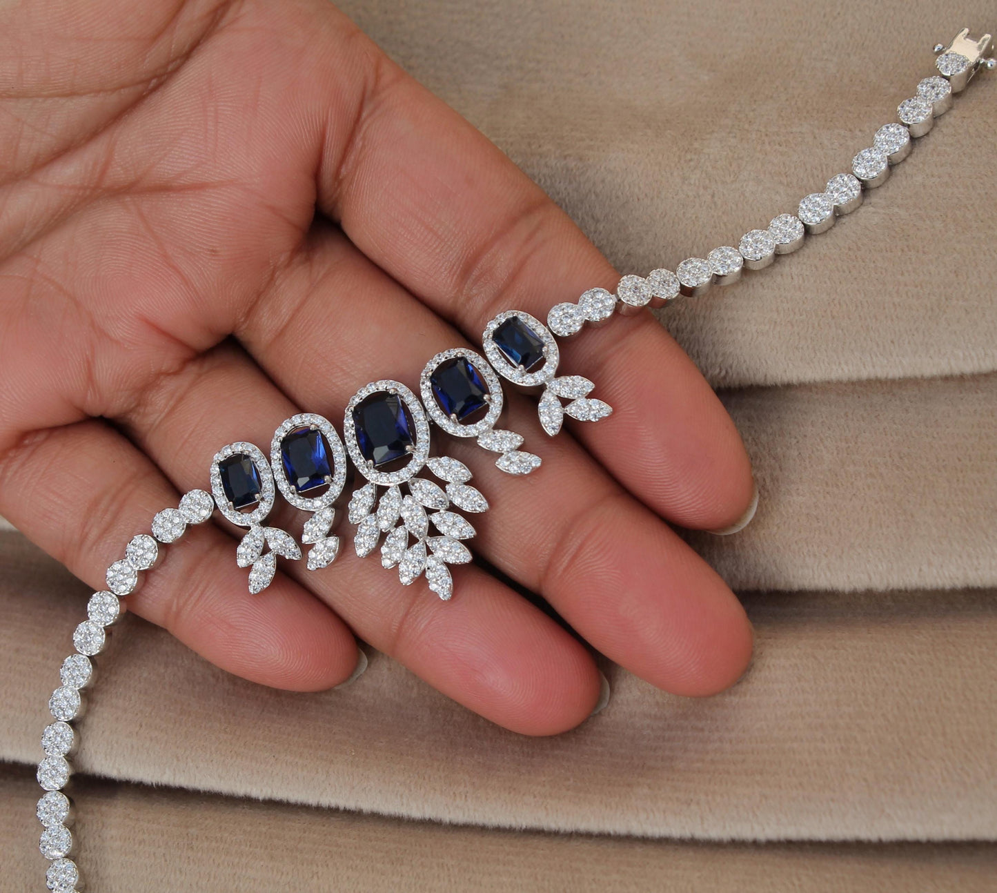 925 Sterling Silver CZ Jewelry Set, Synthetic Sapphire Choker Necklace Set for Women, Statement Bridal Necklace with Earrings-Ring-Bracelet