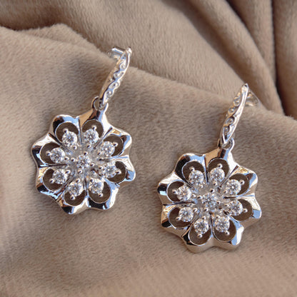 Floral Shape Moissanite Silver Earrings, 925 Sterling Silver Earrings for Women, Vintage Look Earrings, Flower Earrings, Anniversary Gift